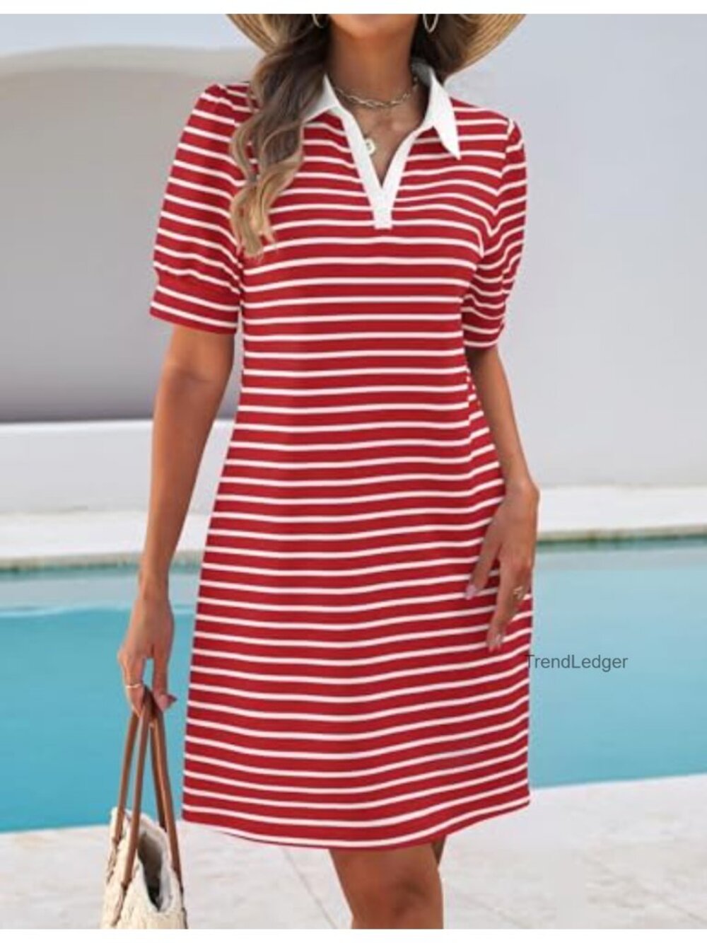 Ribbed Knit Striped V-Neck Mini Dress Puff Short Sleeve A-Line Casual - Picture 2 of 6